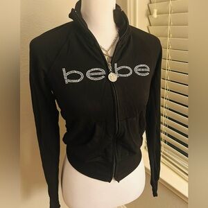 Bebe Black Rhinestone Triple Logo Mock Neck Women's Jacket Sweatshirt